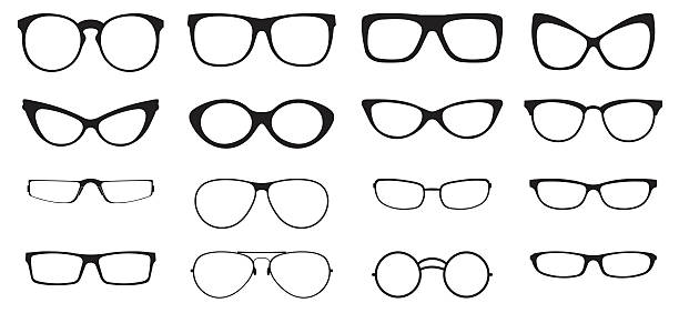 Eyeglasses silhouette set Eyeglasses silhouette set, collection of black silhouettes on white background thick rimmed spectacles stock illustrations