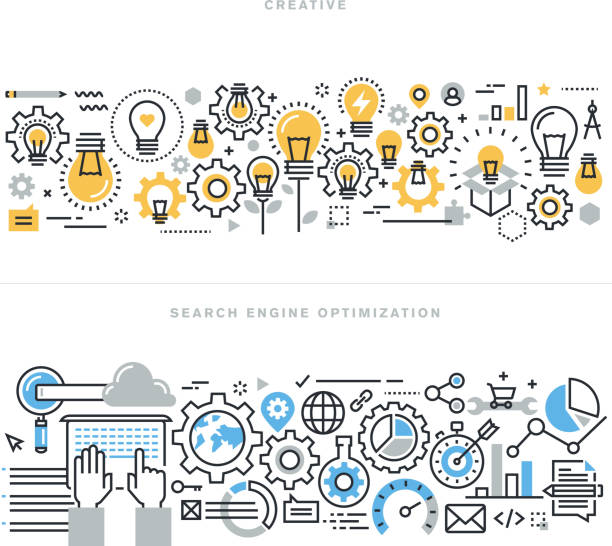Flat line design concepts for creative process workflow and sep Flat line design vector illustration concepts for creative process workflow, marketing and design agency, website and app design and development, search engine optimization, for website banner. creative flow chart stock illustrations