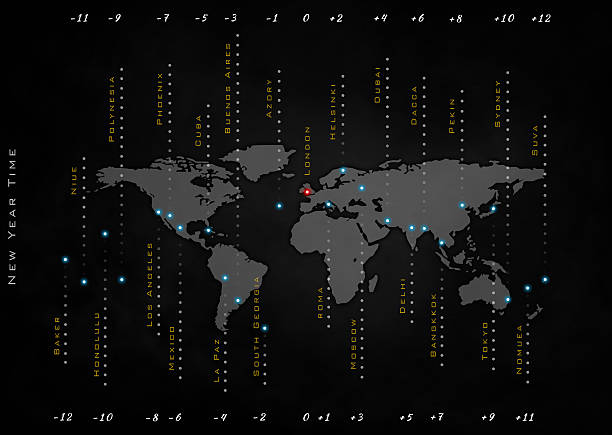 tiempo en el mundo, greenwich promedio de tiempo - mapa de husos horarios fotografías e imágenes de stock