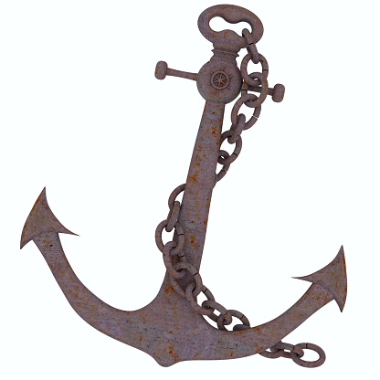 Render of rusty anchor with chain isolated on white background