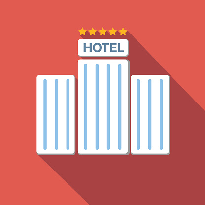 Hotel icon, flat colored image on red background