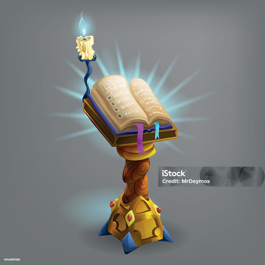 Magic Book Stand Cartoon Magic Book On Wooden Stand Vector Illustration Stock ...