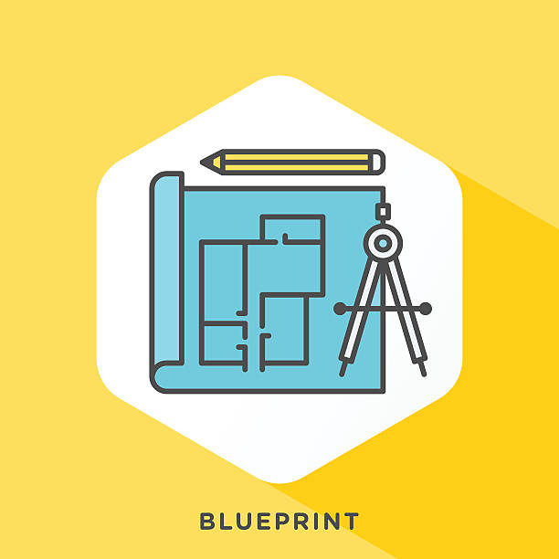 Blueprint Icon Blueprint icon with dark grey outline and offset flat colors. Modern style minimalistic vector illustration for construction, engineering and real estate development themes. blueprint silhouettes stock illustrations