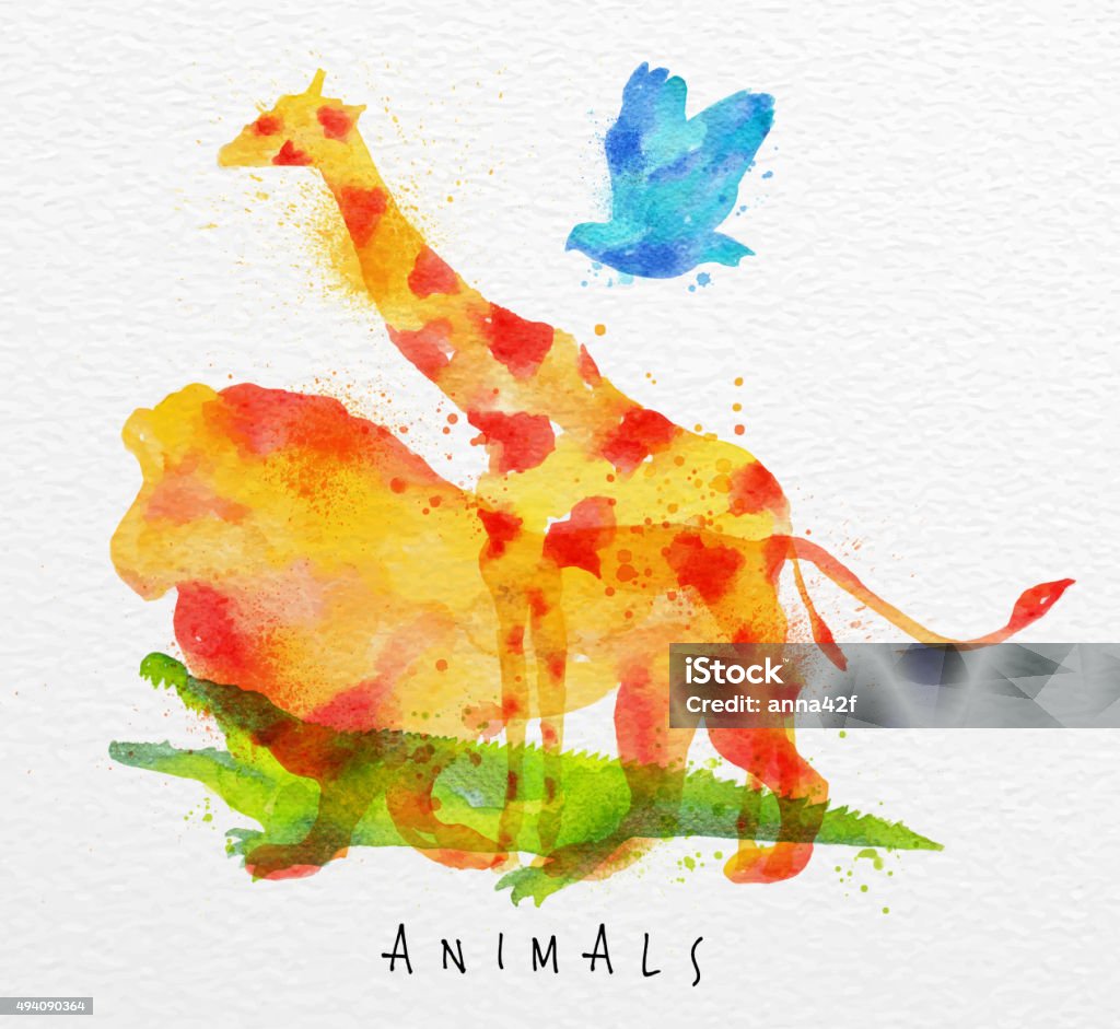 Overprint animals lion Color animals ,bird, giraffe, lion, crocodile, drawing overprint on watercolor paper background lettering animals 2015 stock vector