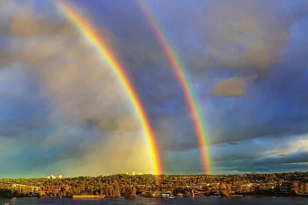 istock double rainbows over city at sunset 494090684