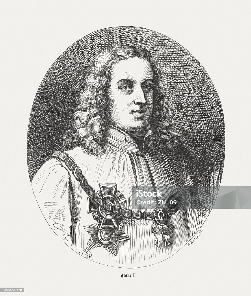 Francis I (1708-1765), Holy Roman Emperor, published in 1871 Francis I (1708 - 1765), Holy Roman Emperor and Grand Duke of Tuscany. With his wife, Maria Theresa, he was the founder of the Habsburg-Lorraine dynasty. Wood engraving, published in 1871. St. Francis of Assisi stock illustration