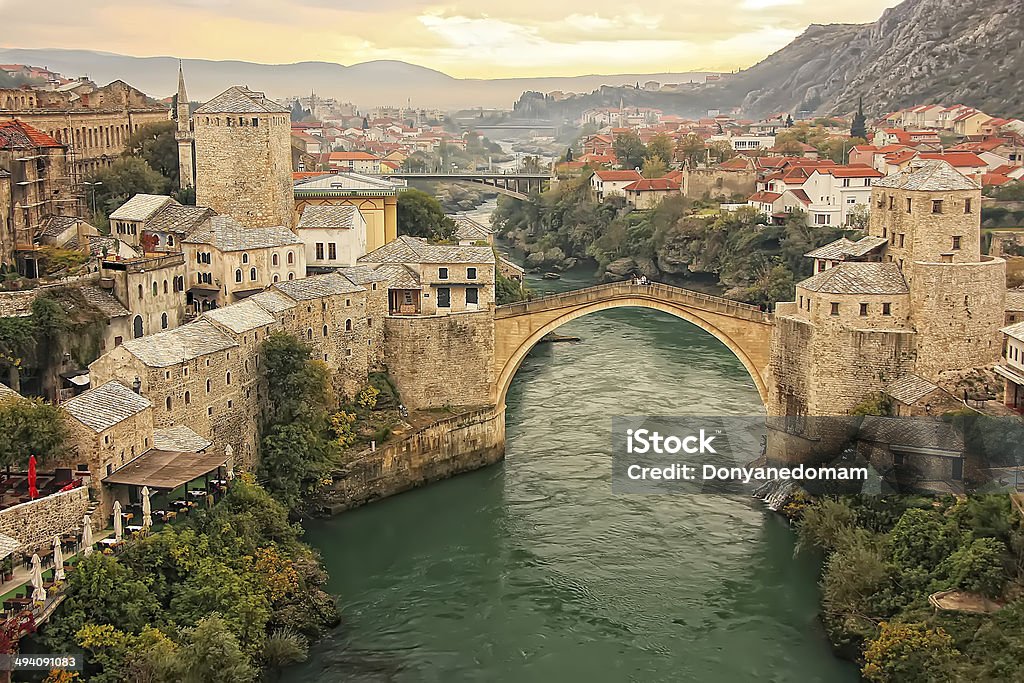 Town of Mostar with Stari Most, Bosnia and Hercegovina Town of Mostar and Stari Most at sunset, Bosnia and Hercegovina Mostar Stock Photo