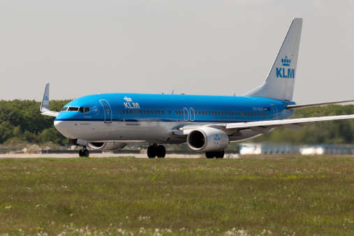 Borispol, Ukraine - May 11, 2014: KLM Royal Dutch Airlines Boeing 737-800 aircraft preparing for take-off from the runway of Borispol International Airport