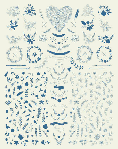 hand drawn vintage floral elemente.  satz von blumen.  dekorative elemente - tree bird flower pattern stock-grafiken, -clipart, -cartoons und -symbole