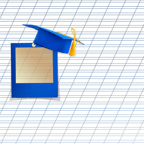 Mortar board or graduation cap with blue slide on the background notebook sheet