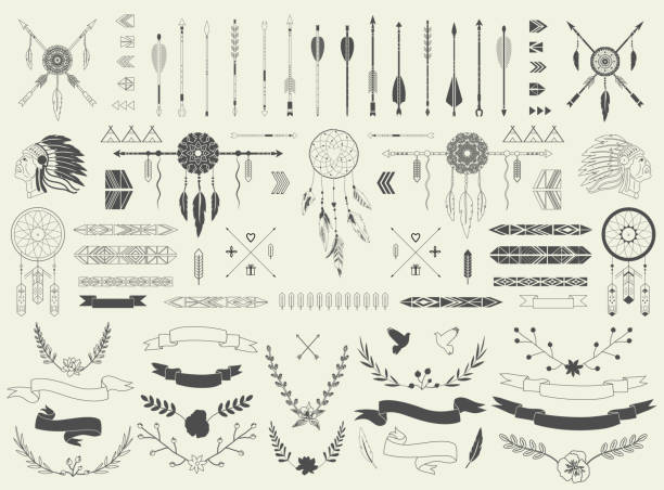 ilustraciones, imágenes clip art, dibujos animados e iconos de stock de flechas, cintas, elementos de la india, aztec y fronteras y ornamentos - dibujos de aztecas