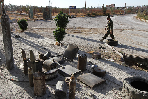 Shabaa, Syria - September 20, 2013: Syria, Damascus, September 2013. The soldiers of the Syrian National Army show different types of explosives after the liberation rip the outskirts of Damascus.
