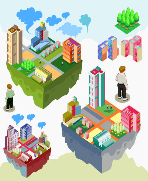 illustrazioni stock, clip art, cartoni animati e icone di tendenza di insieme di elementi di città vettoriale isometric.game gruppo - environment urban scene city green