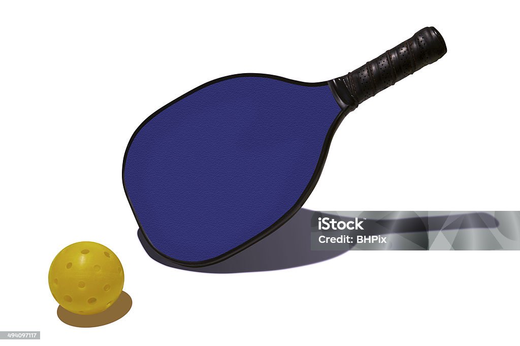 Pickleball - Yellow Ball Blue Paddle Simple, colorful composition of a blue pickleball paddle with a yellow pickleball. Pickleball Stock Photo