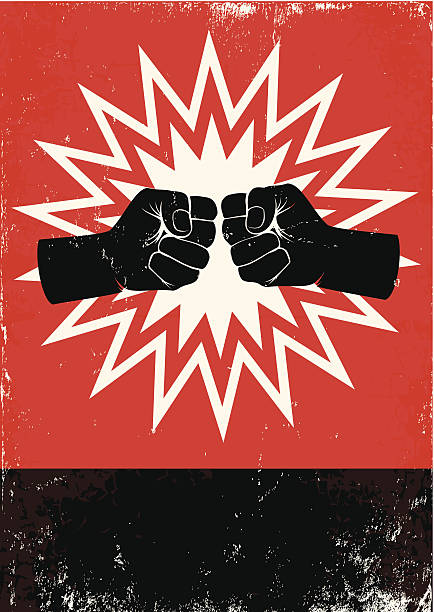 poster with fists Red and black poster with two fists boxing sport illustrations stock illustrations
