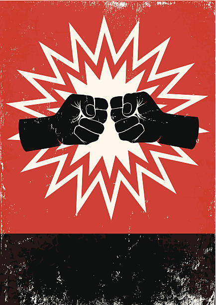 poster with fists Red and black poster with two fists violence boxing fighting combative sport stock illustrations