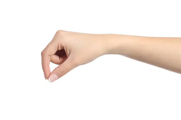 Woman hand hanging something blank isolated on a white background