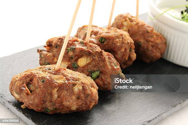 Mini Kofte Kofta Shish Kebabs Canapes On Slate With Dip Stock Photo - Download Image Now