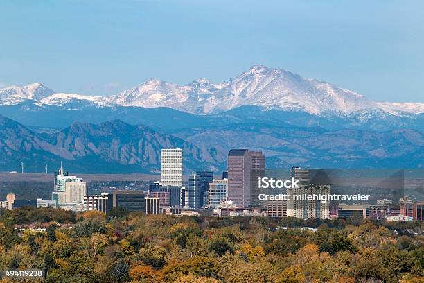 Snowy Longs Peak And Downtown Denver Colorado Skyscrapers Stock Photo - Download Image Now