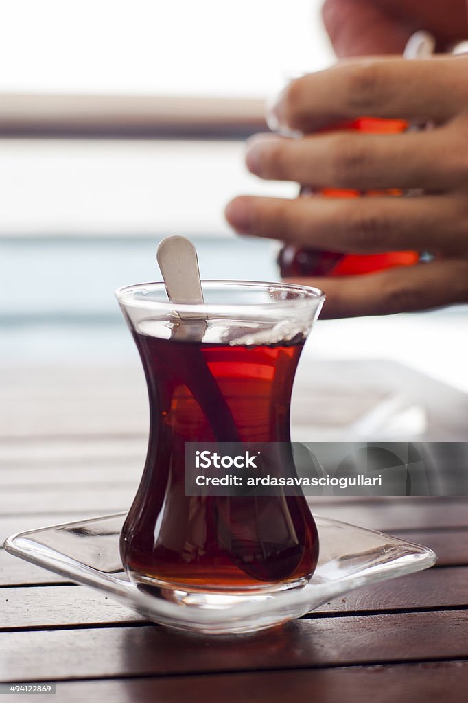 Turkish tea Turkish tea in the tipycal glasses on the table Asia Stock Photo