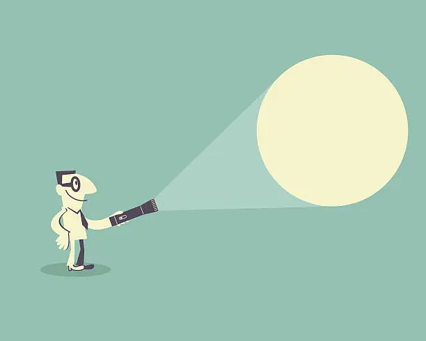Vector illustration of Businessman with glasses, holding a flashlight, finding something. (spotlight)