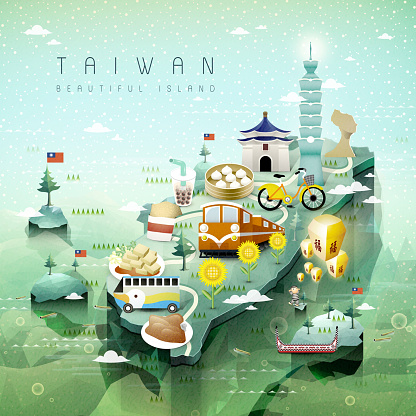 fantastic Taiwan attractions and dishes travel map in 3d isometric style
