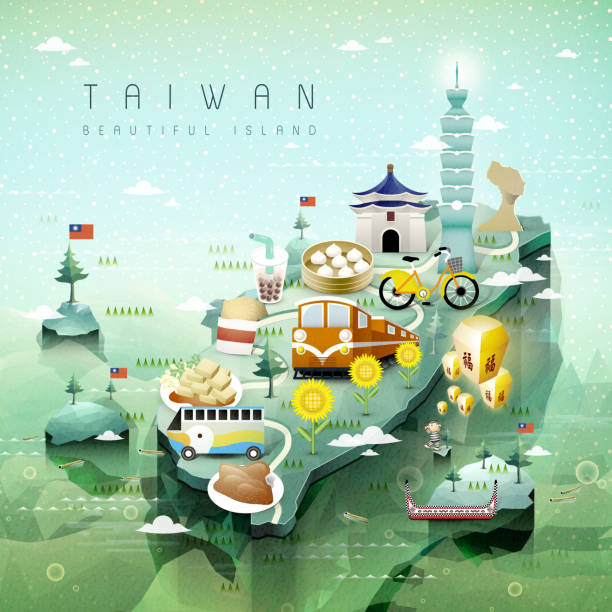 Taiwan travel map fantastic Taiwan attractions and dishes travel map in 3d isometric style taiwan stock illustrations