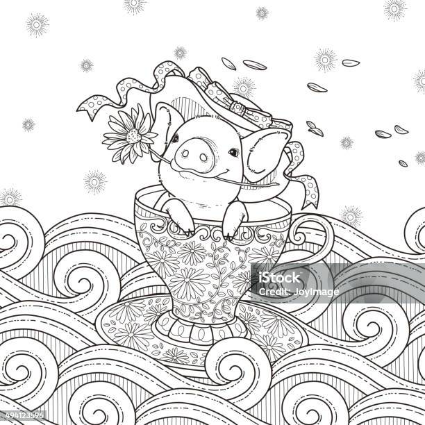 Adorable Piggy Coloring Page Stock Illustration - Download Image Now - Adult, Coloring, Coloring Book Page - Illlustration Technique