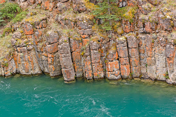 Eroded Basalt in a River Canyon Eroded Basalt in a Miles Canyon on Yukon River in Canada yukon river canyon yukon whitehorse stock pictures, royalty-free photos & images