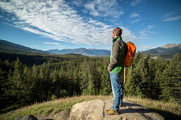 istock Young hiker man standing on mountain top overlooking valley. 494126732