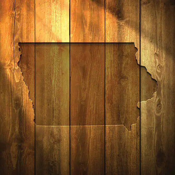 Vector illustration of Iowa Map on lit Wooden Background