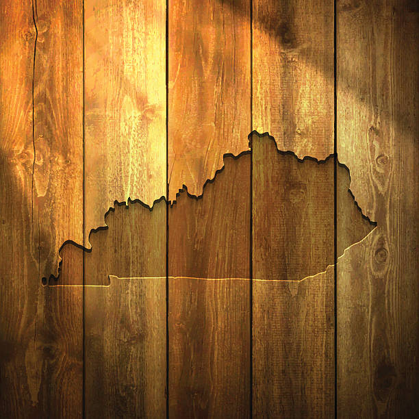 Kentucky Map on lit Wooden Background Map of Kentucky on a realistic wooden wall with a natural light. frankfort kentucky stock illustrations