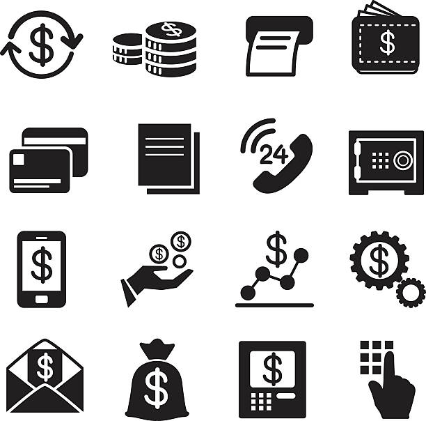 Business , finance, Investment icons Set Business , finance, Investment icons Set bank financial building silhouettes stock illustrations