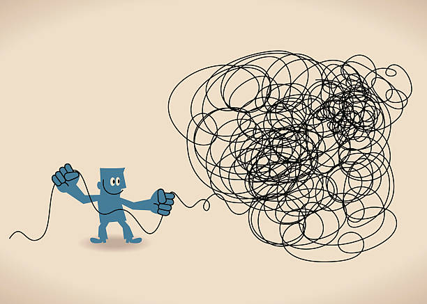 ilustraciones, imágenes clip art, dibujos animados e iconos de stock de hombre de negocios untangle un enredado desordenado nudo (cadena, línea - tied knot rope adversity emotional stress