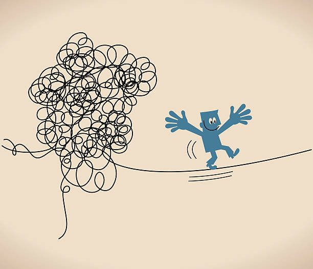 ilustraciones, imágenes clip art, dibujos animados e iconos de stock de hombre de pie en la thin metálico, escapar de enredado desordenado línea - tied knot rope adversity emotional stress