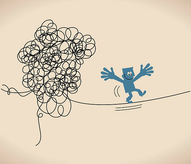 사업가 산책을 여윔 로프, 달아남 메트로폴리스 뒤엉킨 지저분한 꺾은선형 - tied knot rope adversity emotional stress stock illustrations