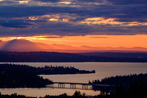 Glowing orange autumn sunset on the Columbia River, Vancouver Washington