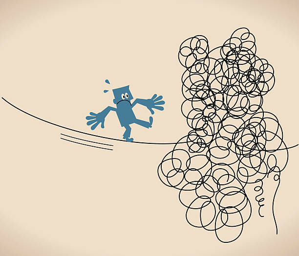 ilustraciones, imágenes clip art, dibujos animados e iconos de stock de empresario está caminando en un enredado desordenado línea (cadena, cuerda - tied knot rope adversity emotional stress