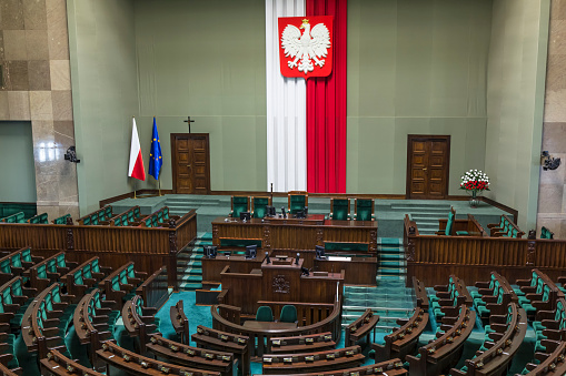 Warsaw, Poland - August 02, 2015: The empty Plenary Room of the Polish Parliamentary Building in Warsaw, Poland