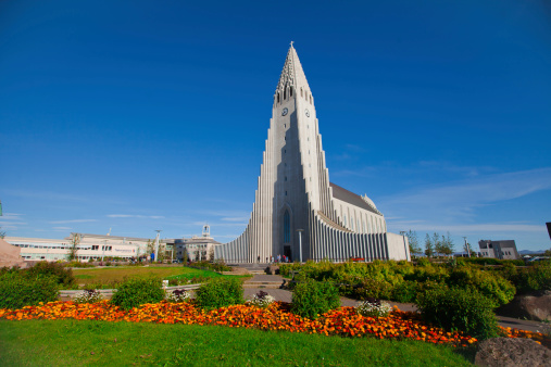 City street and Akureyrarkirkja church at Akureyri, Iceland