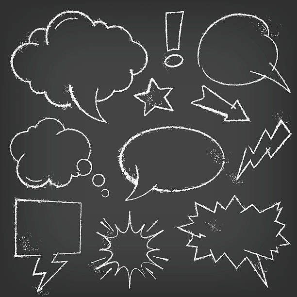 Chalk Comic bubbles and elements on a blackboard Vector hi quality composition of a set of Speech bubbles, drawn with chalk on a blackboard. Not only bubbles are included, but also comic effects like arrow, explosion, splatter, star shape. chalk drawing stock illustrations