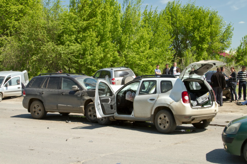 Volgograd, Russia - May 7, 2014: Head-on collision of two cars on the street Bamboo, accident seriously injured people