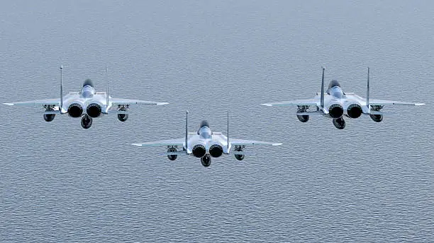 Three F-15 Military jets, fighter planes on blue backgound
