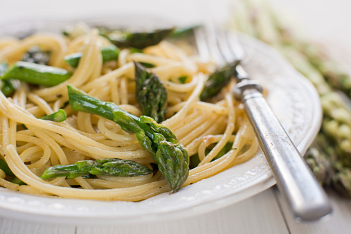 Fresh pasta with asparagus close up shoot