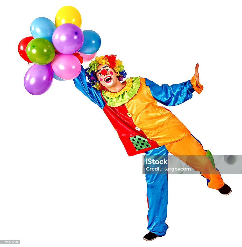 Feliz cumpleaños payaso sosteniendo un ramo de globos - Foto de stock de Payaso libre de derechos