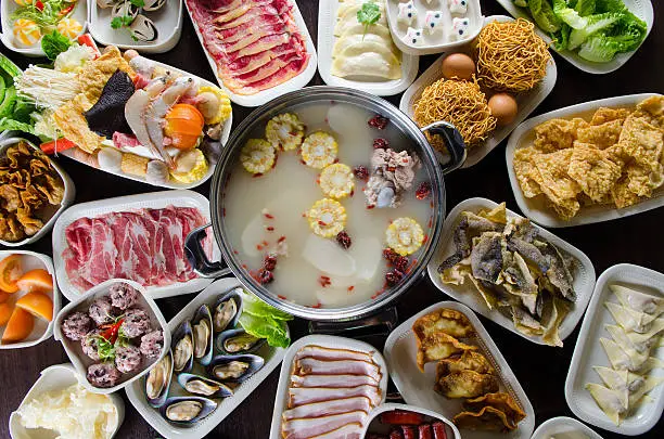 Chinese style hot pot soup with wide variety of ingredients