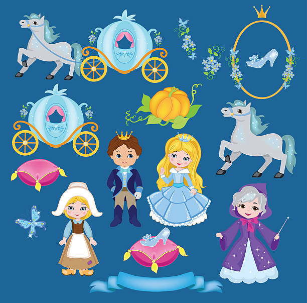 illustrazioni stock, clip art, cartoni animati e icone di tendenza di cenerentola illustrazione vettoriale set - castle fairy tale illustration and painting fantasy