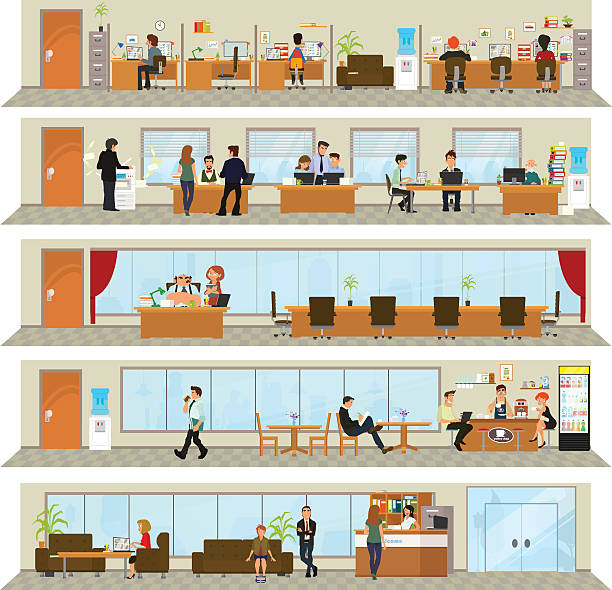 workday in an office building workday in an office building. People in the interior of the building in different poses and situations. Vector illustration in a flat style. lobby office stock illustrations