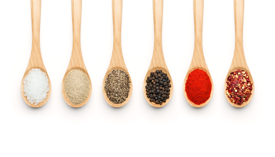 Wooden Spoon filled with various spices on white background