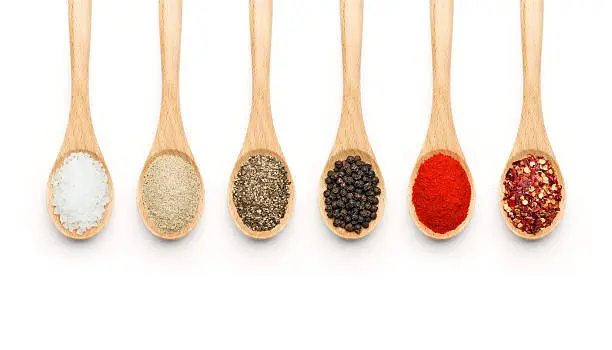 Wooden Spoon filled with various spices on white background